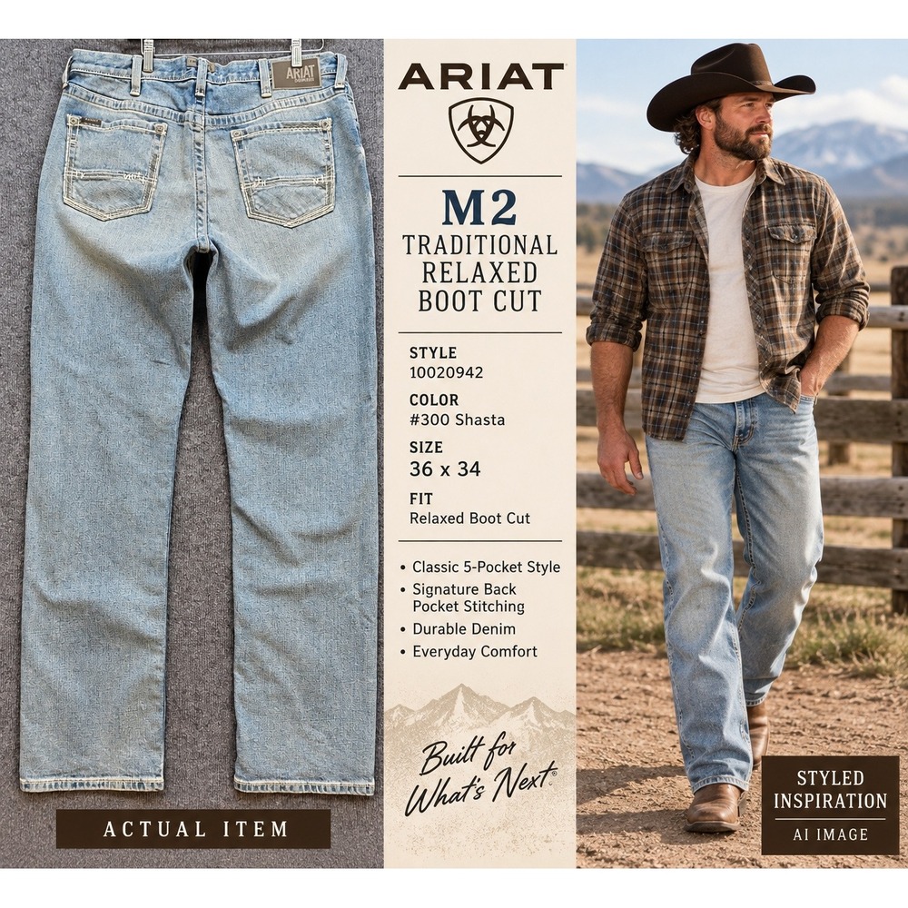 Ariat M2 Relaxed Boot Cut Jeans Mens Shasta Blue 36x34 Excellent CowboyDenim